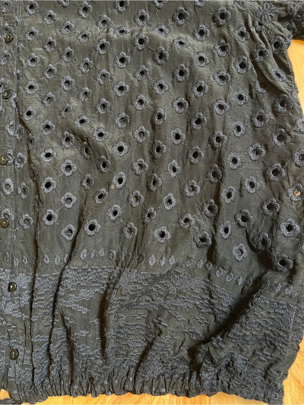 Johnny Was Black Eyelet Button Front Drawstring Peasant Blouse - Picture 4 of 10